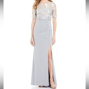 Adrianna Papell Boat Neck Pleated Slip Embroidered Bodice Mesh Gown Size 4